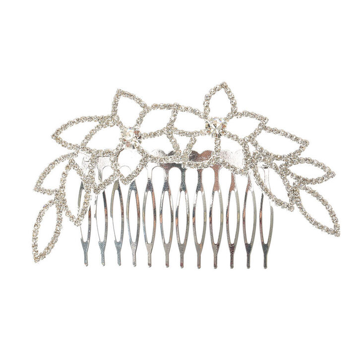 Silver Glass Rhinestone Floral Hair Comb,