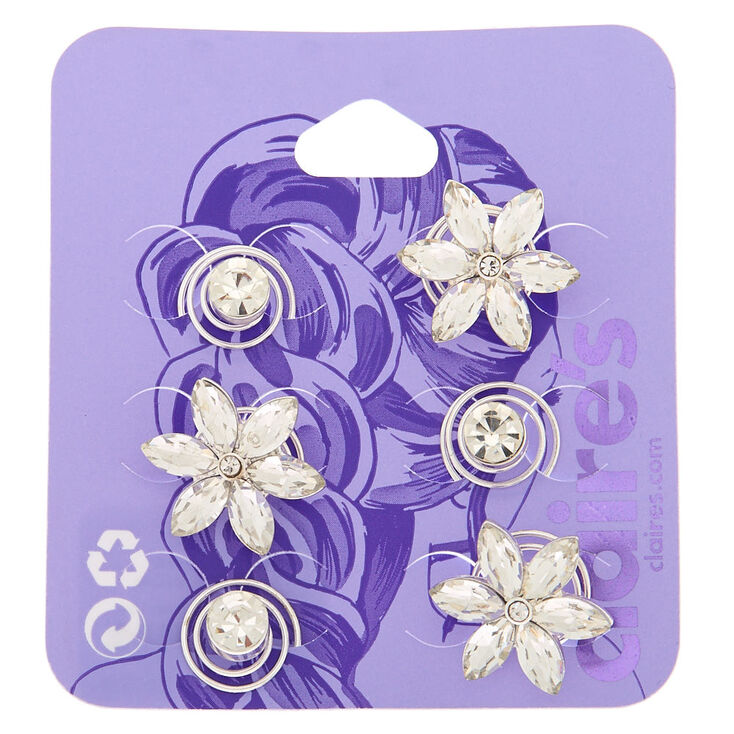 Silver Rhinestone Floral Hair Spinners - 6 Pack,