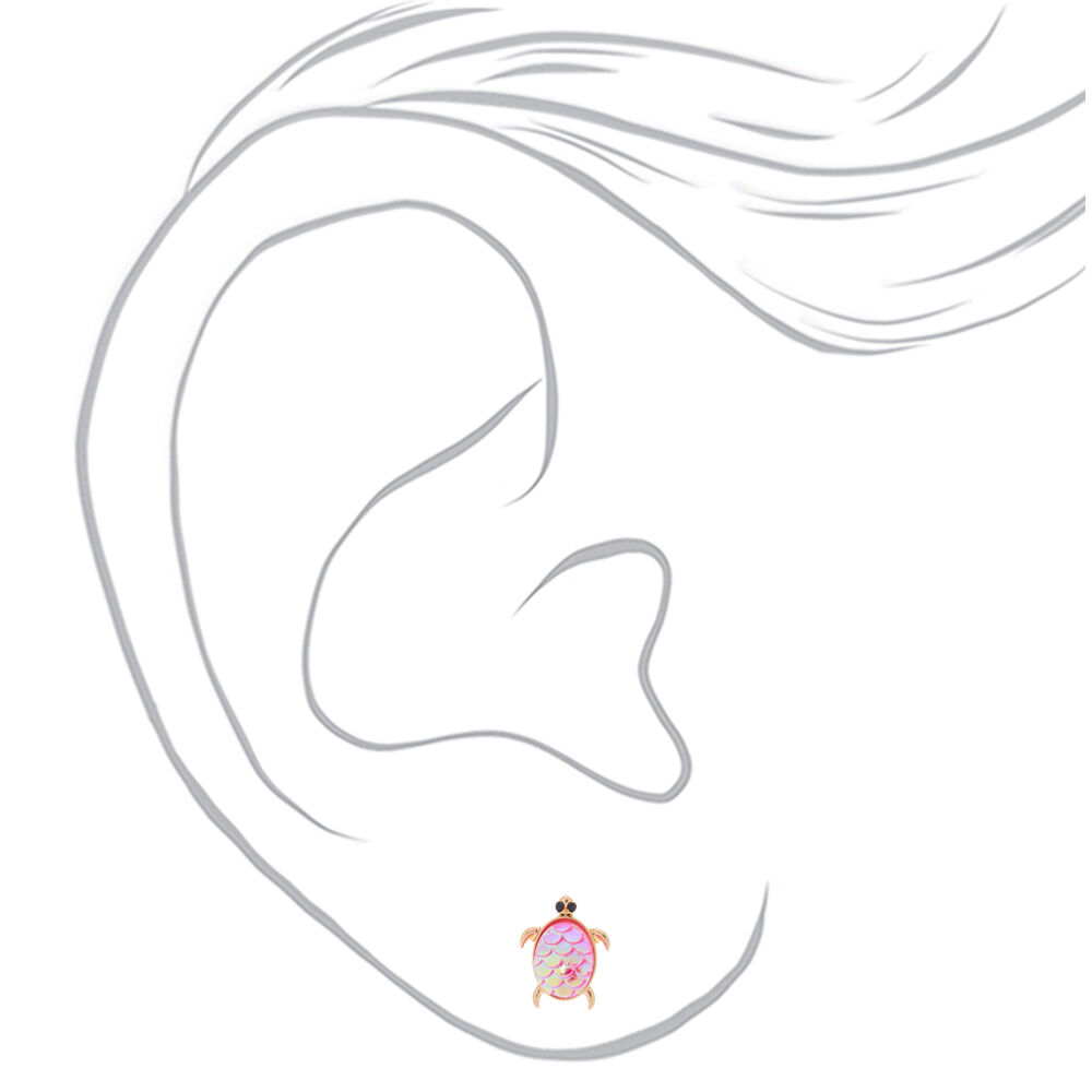 Holographic Turtle Stud Earrings - Pink,