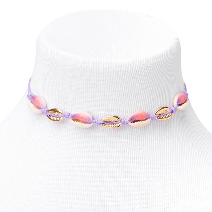 Purple Tie Dye Cowrie Shell Choker Necklace - Gold,