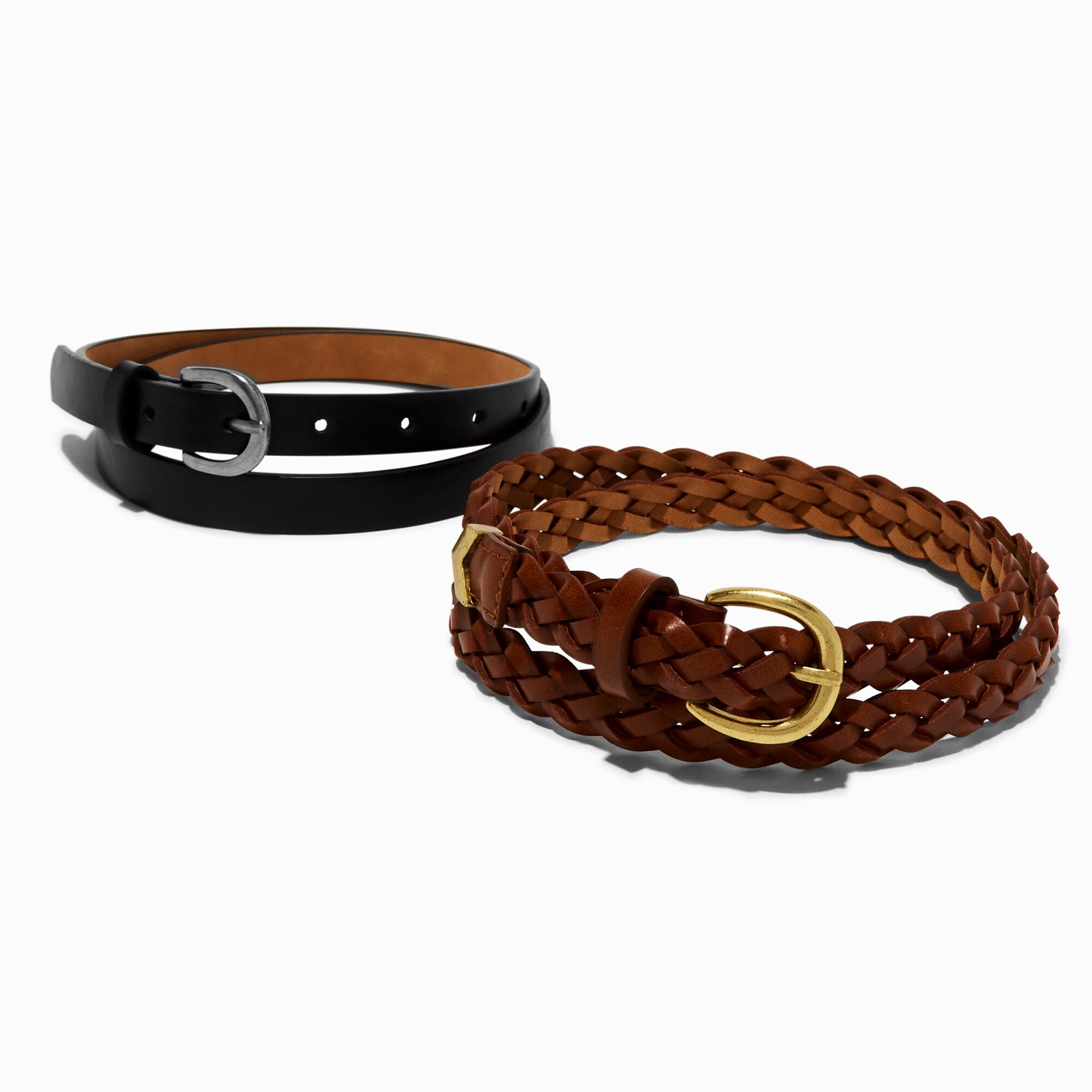Black Flat & Brown Braided Belt - 2 Pack, S/M,