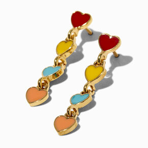18K Gold Plated 1&quot; Rainbow Enamel Heart Linear Drop Earrings,