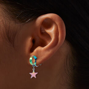 Rainbow Anodized Star Hoop Clip-On Drop Earrings,