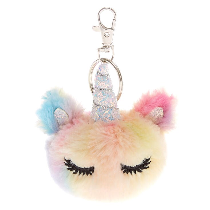 Claire's Porte-clés pompon avec licorne jaune arc-en-ciel pastel