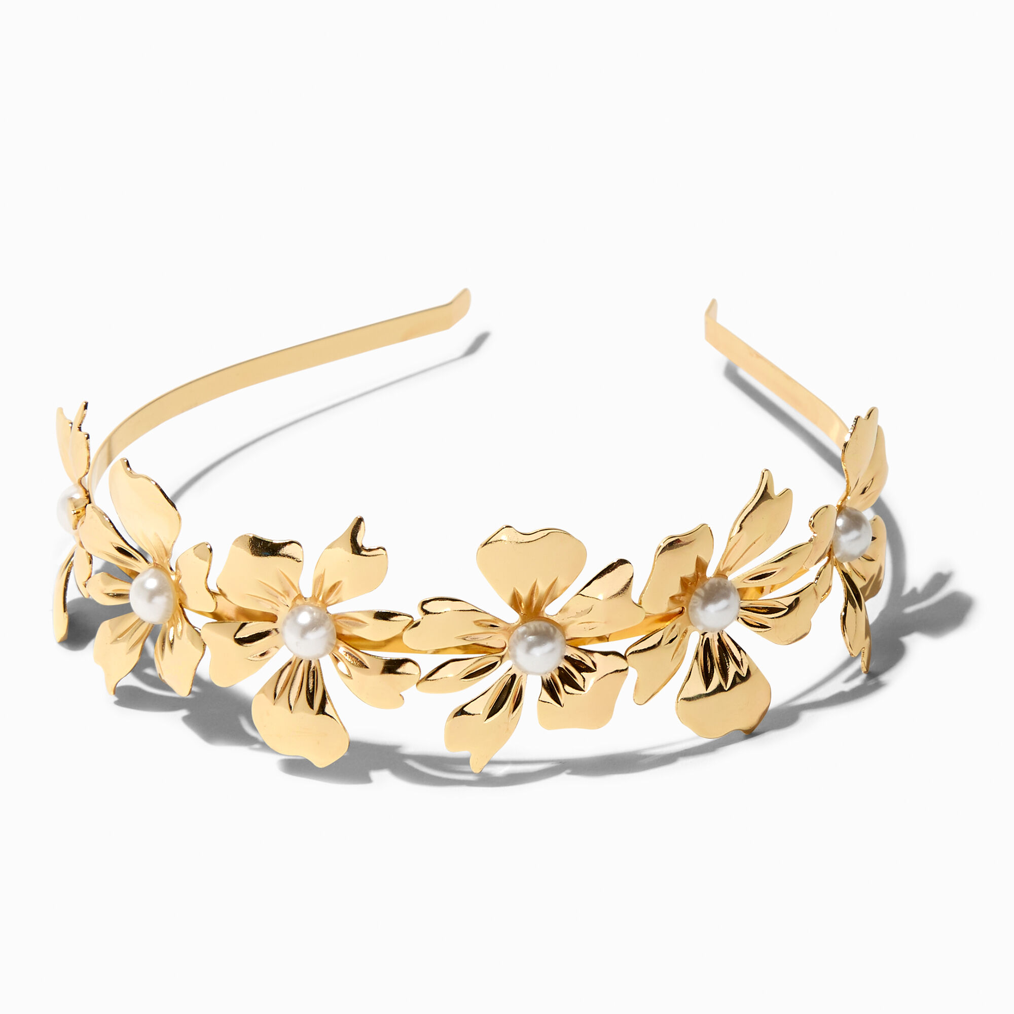 View Claires Tone Floral Pearl Headband Gold information