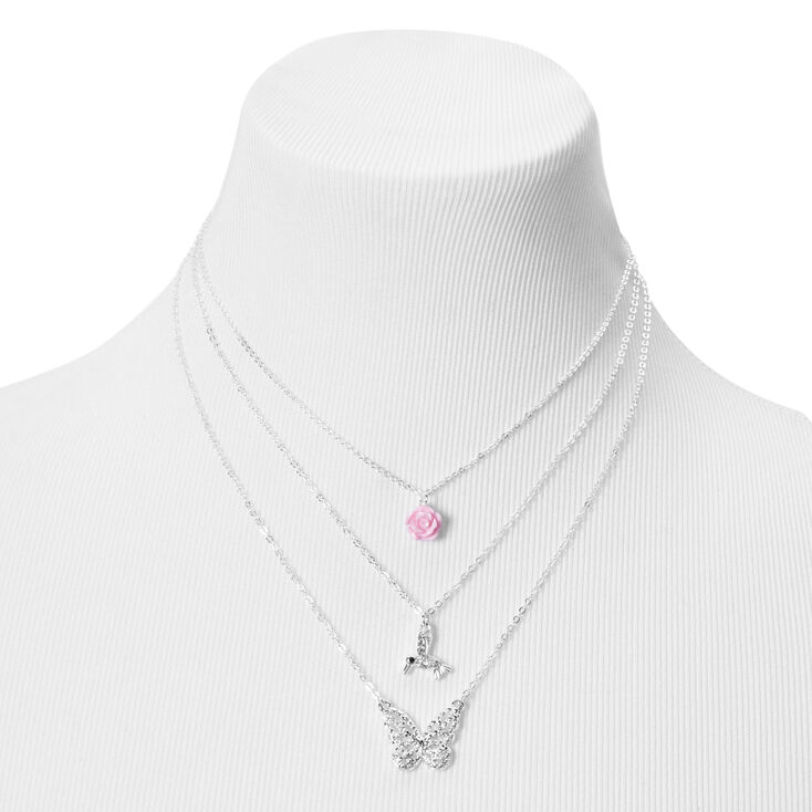 Silver Rose, Hummingbird, &amp; Butterfly Chain Multi Strand Necklace,
