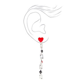 Playing Cards Red Heart 3&quot; Silver Linear Drop Earrings,
