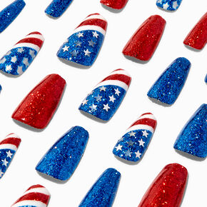 Stars &amp; Stripes Glittery Squareletto Press On Faux Nail Set - 24 Pack,