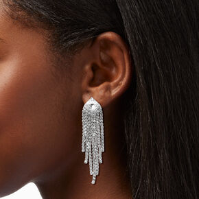 Silver-tone Crystal 2.5&quot; Diamond Shaped Fringe Drop Earrings,