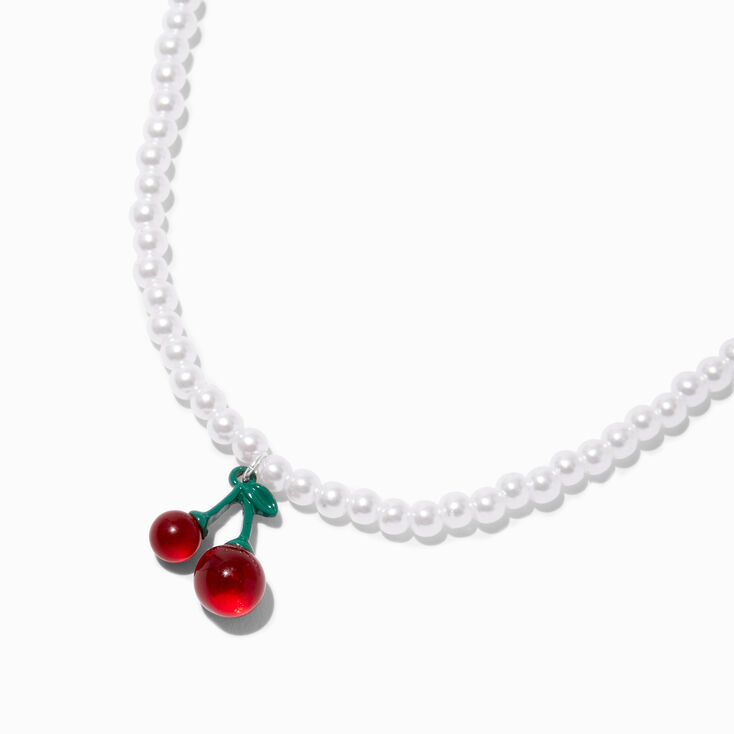 Collier &agrave; pendentif perle d&#39;imitation blanche et cerise,