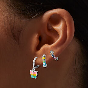 Boucles d&rsquo;oreilles superposables huggies papillon arc-en-ciel couleur argent&eacute;e - Lot de 3,