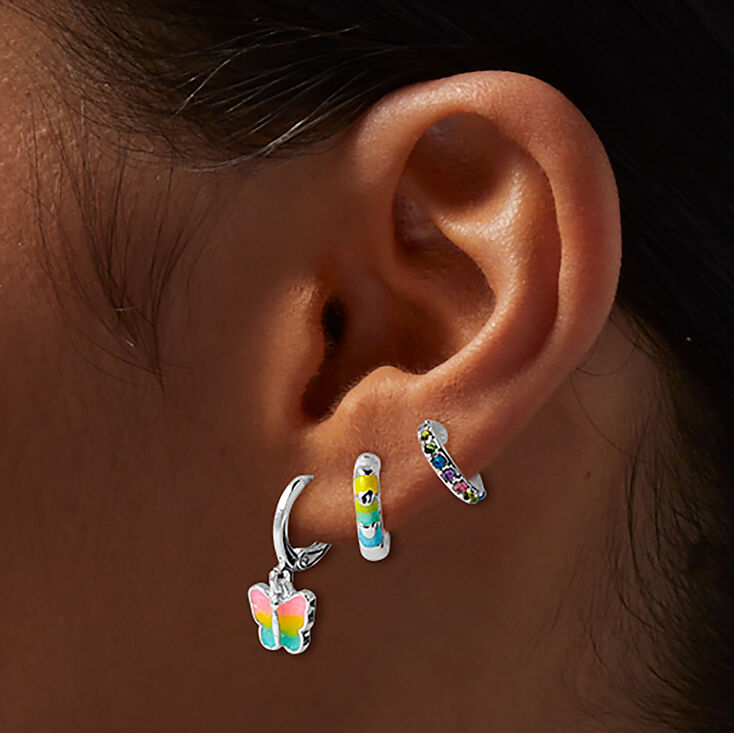 Boucles d&rsquo;oreilles superposables huggies papillon arc-en-ciel couleur argent&eacute;e - Lot de 3,