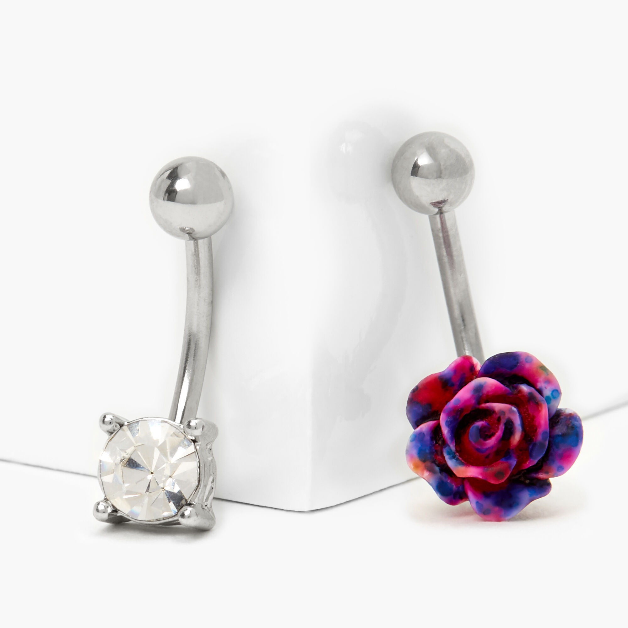 View Claires Tone 14G Tie Dye Rose Belly Rings 2 Pack Silver information
