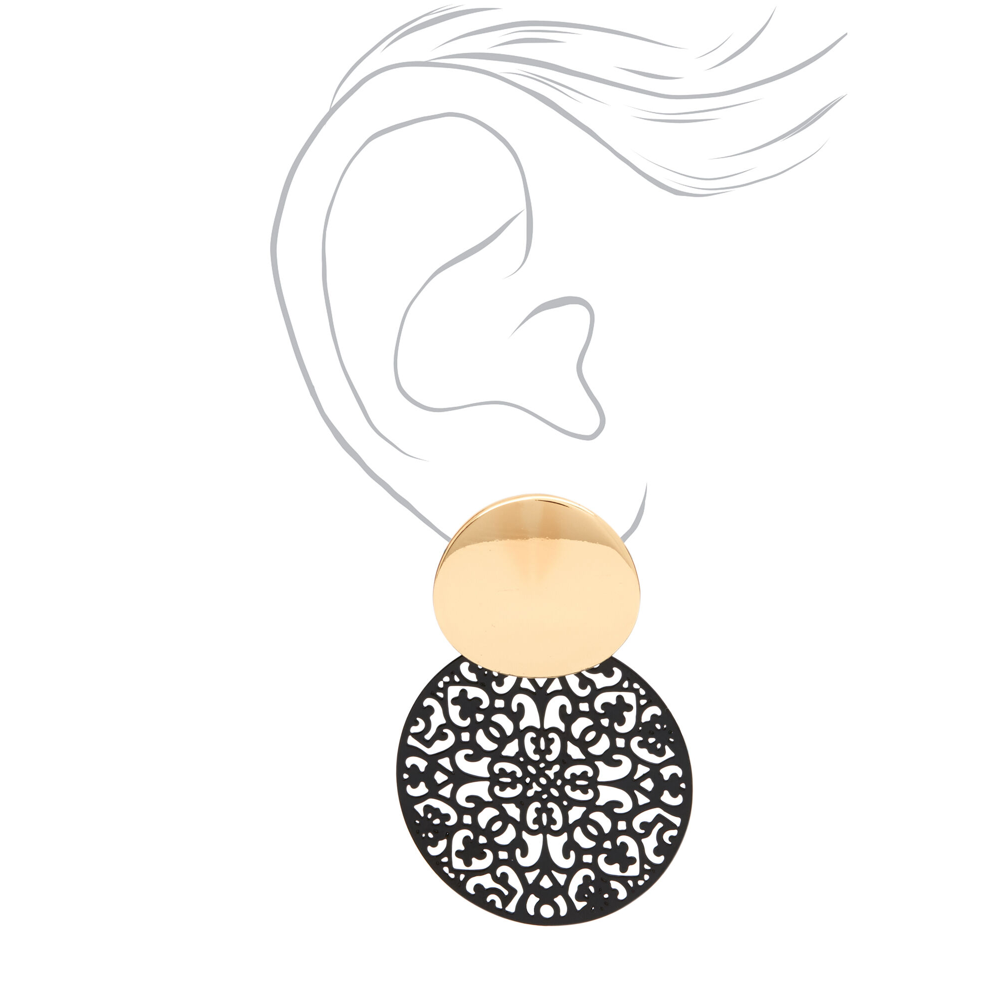 Gold 1.5" Filigree Drop Earrings - Black,