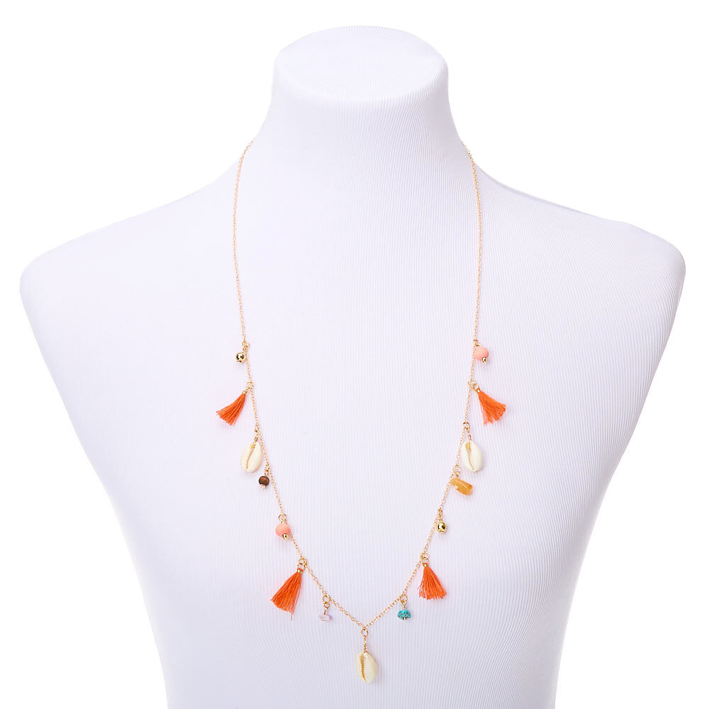Gold Shell Tassel Long Pendant Necklace - Coral,