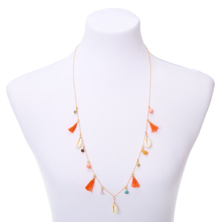 Gold Shell Tassel Long Pendant Necklace - Coral,