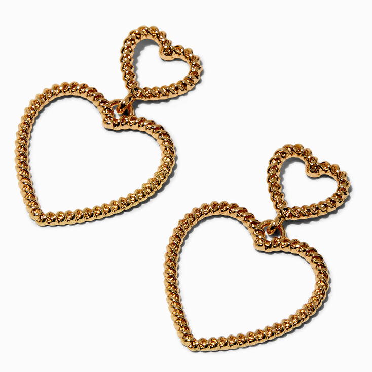 Gold-tone Twisted Double Heart 2" Drop Earrings