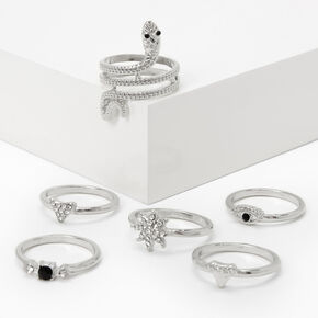 Silver Mystical Snake Rings - Black, 6 Pack,