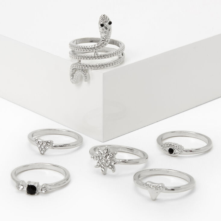 Silver Mystical Snake Rings - Black, 6 Pack,