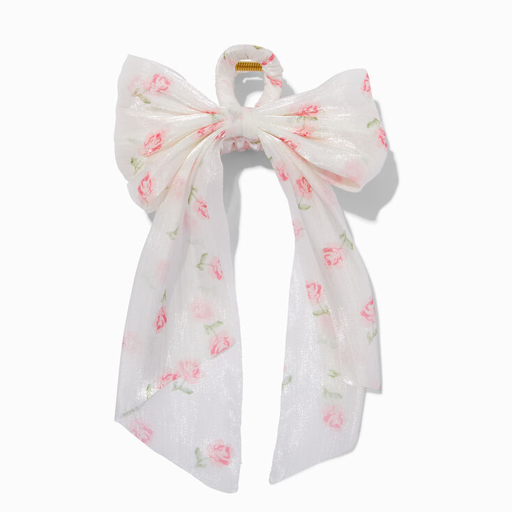 Pink Floral Organza Bow Hair Claw,