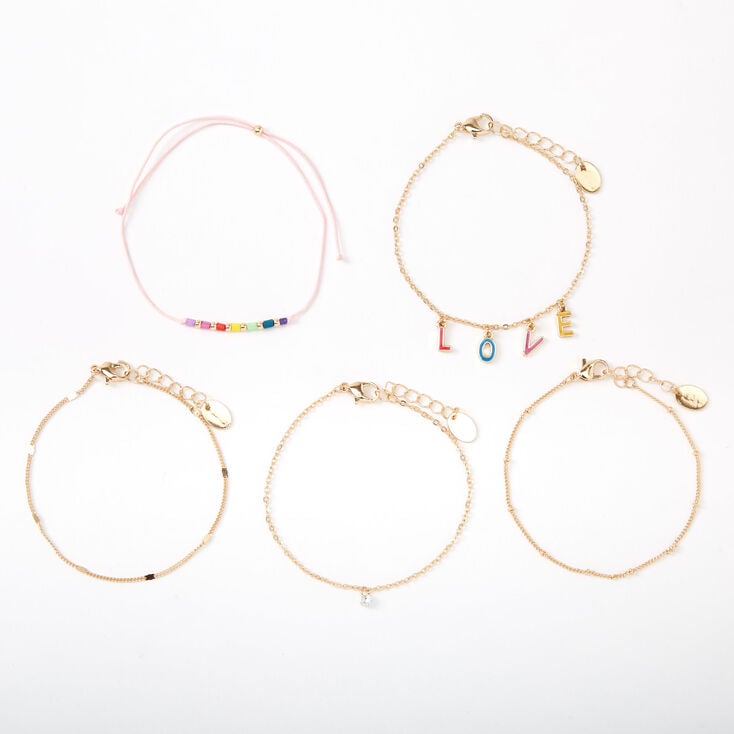 Gold Rainbow Love Chain Bracelets - 5 Pack,
