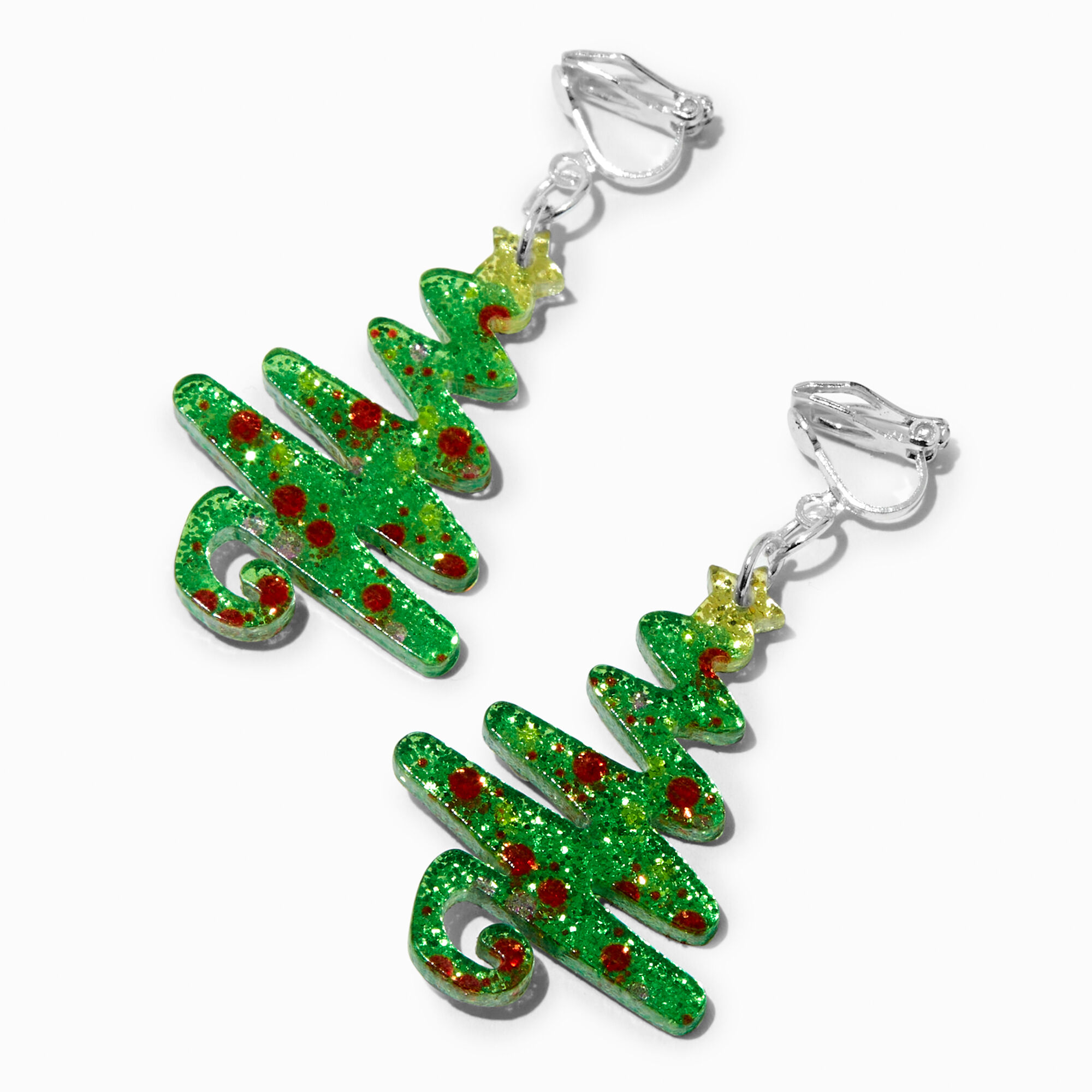 Acrylic Glitter Christmas Tree 2 Clip On Drop Earrings