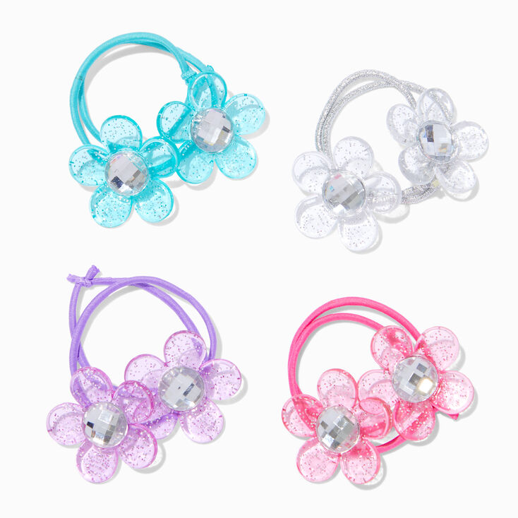 Claire&#39;s Club Jewel Tone Glitter Flower Hair Ties - 4 Pack,