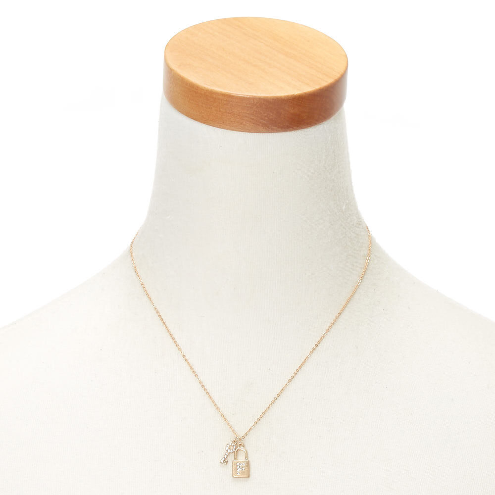 Gold Lock & Key Initial Pendant Necklace - F,
