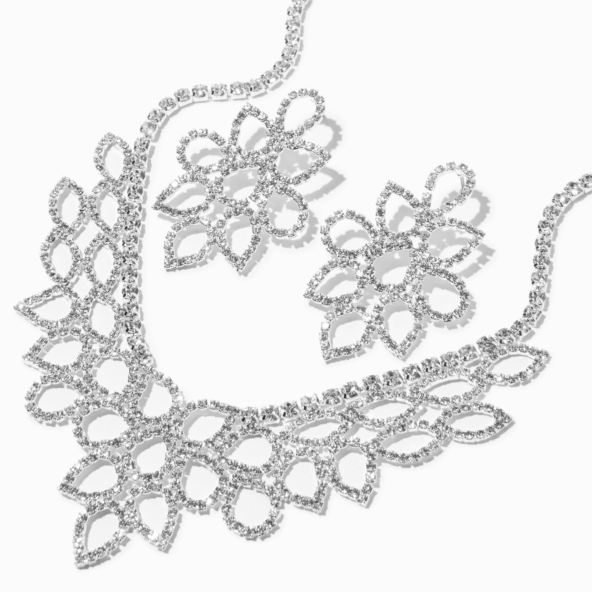 View Claires Tone Rhinestone Open Petal Jewelry Set 2 Pack Silver information