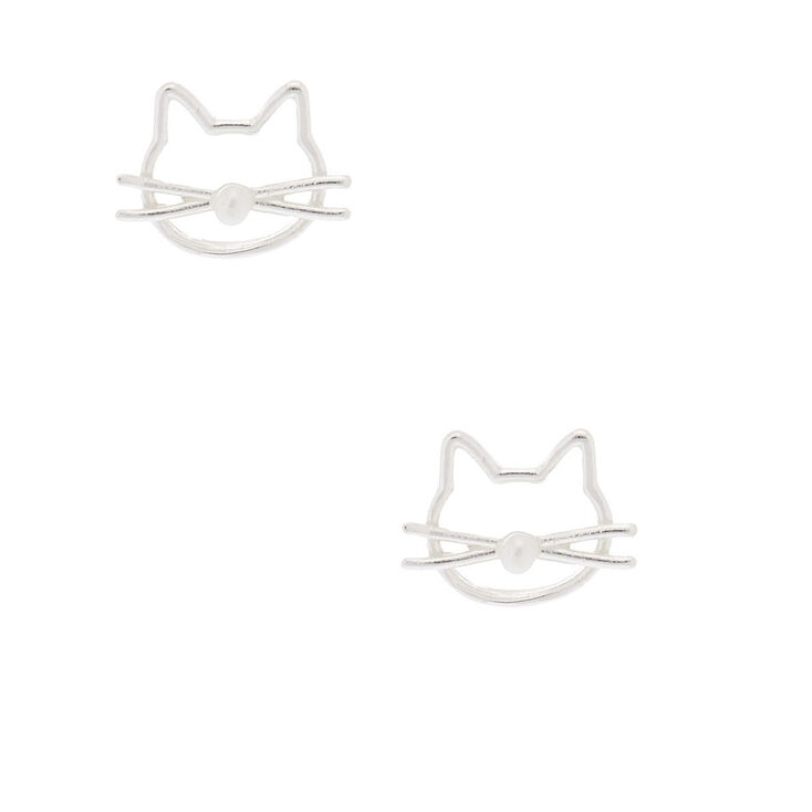 Sterling Silver Pearl Kitty Stud Earrings,