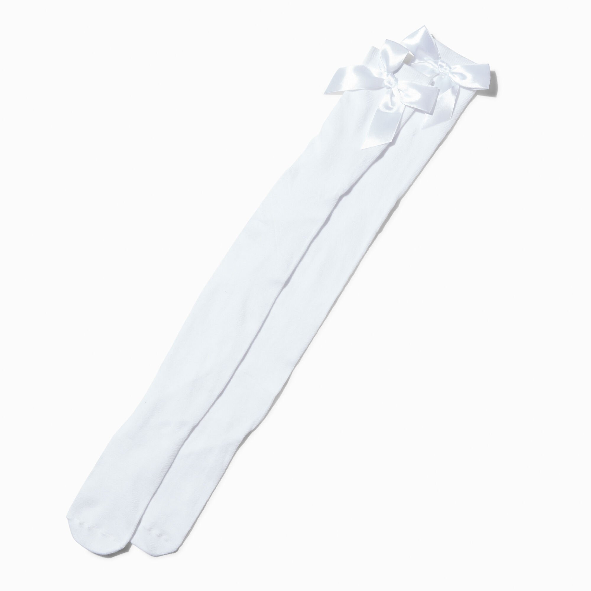 View Claires Over The Knee Satin Bow Socks White information