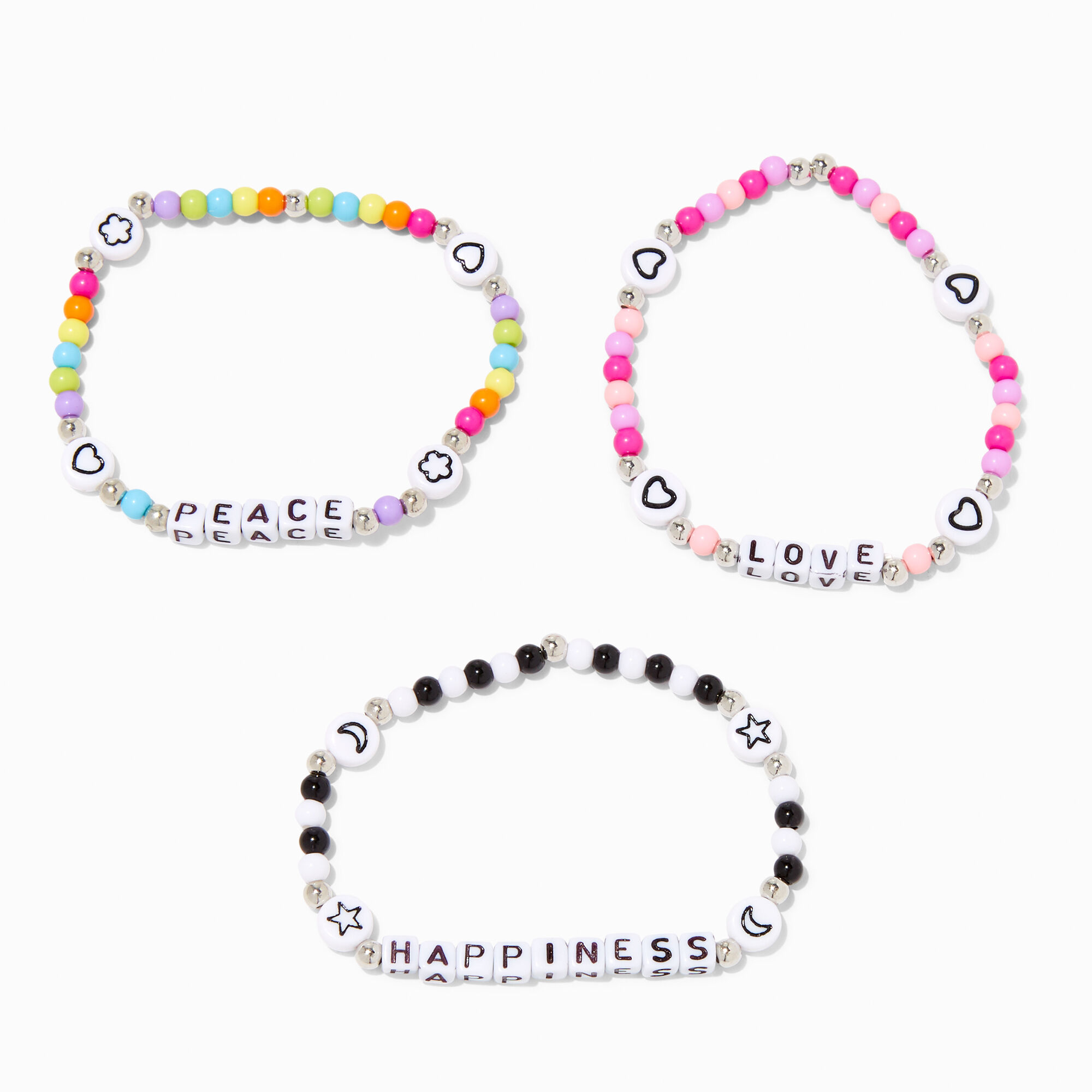 Love Peace Happiness Beaded Stretch Bracelets 3 Pack