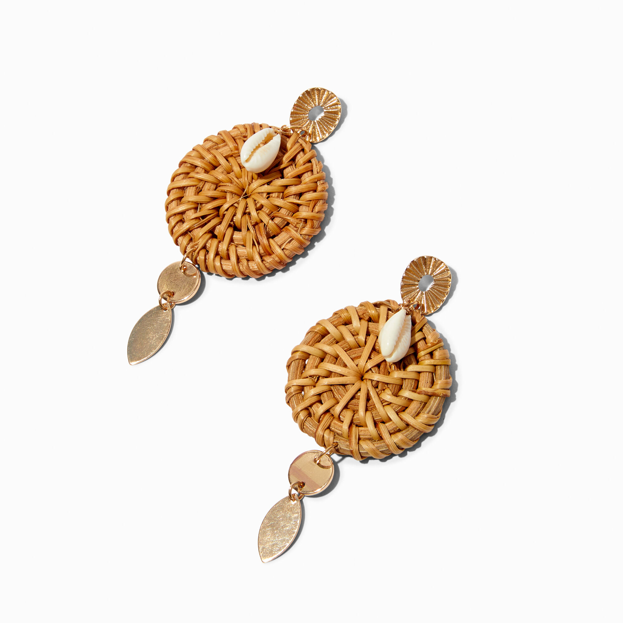 View Claires Cowrie Seashell Raffia 3 Linear Drop Earrings Gold information