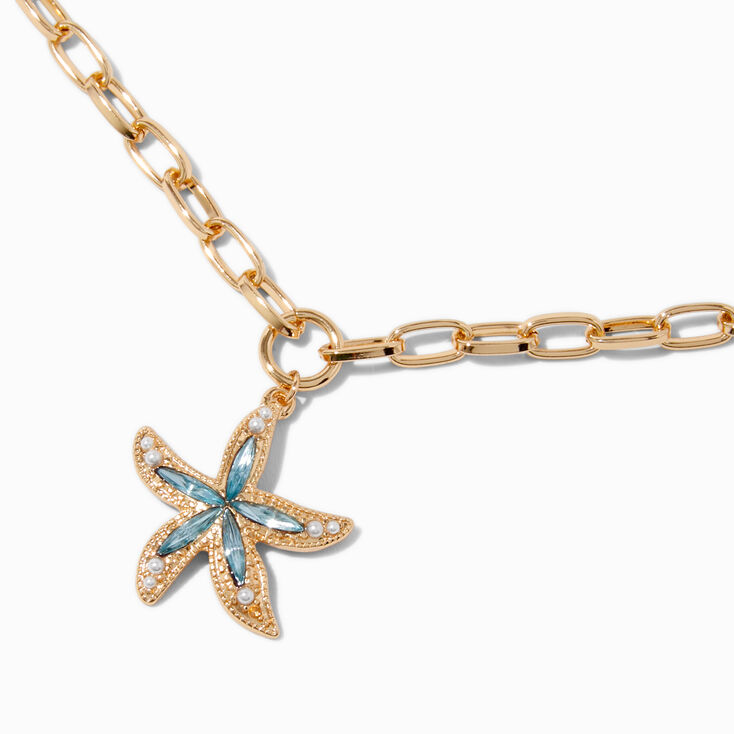 Gold-tone Embellished Starfish Paperclip Chainlink Pendant Necklace,