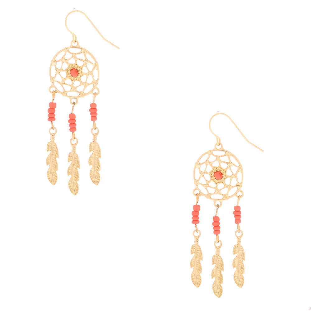 Gold 2" Beaded Dreamcatcher Drop Earrings - Coral,