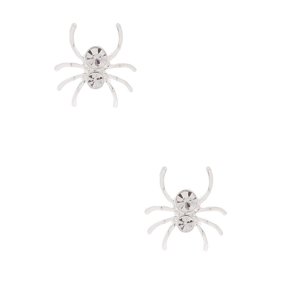 Silver Crystal Spider Stud Earrings