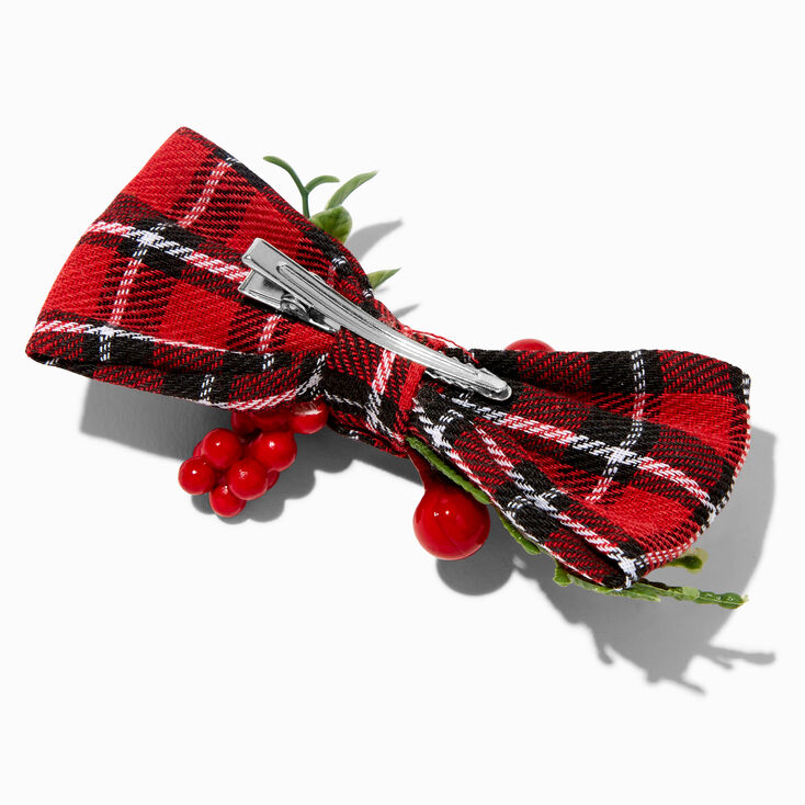 Holiday Plaid Cranberry &amp; Greenery Hair Bow Clip,