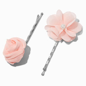 Blush Pink Tulle Flower Pearl Hair Pins - 4 Pack,