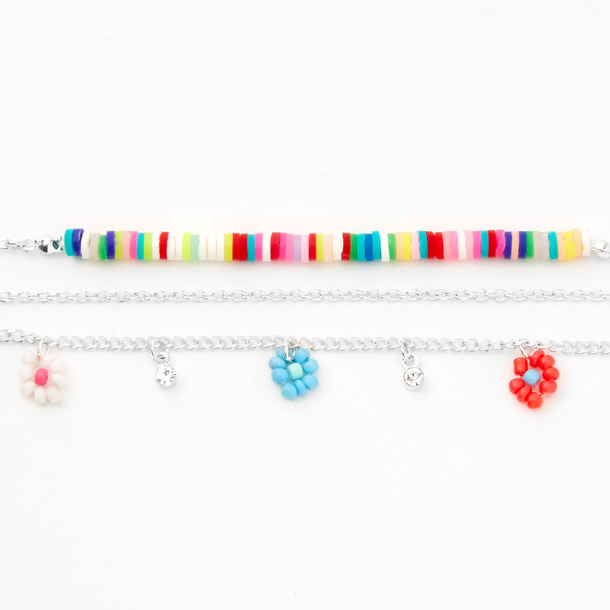 Silver Rainbow Disc & Flower Chain Bracelets - 3 Pack,