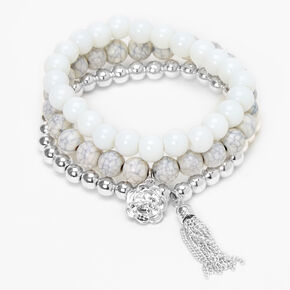 Rose Marble Beaded Stretch Bracelets - White, 3 Pack,