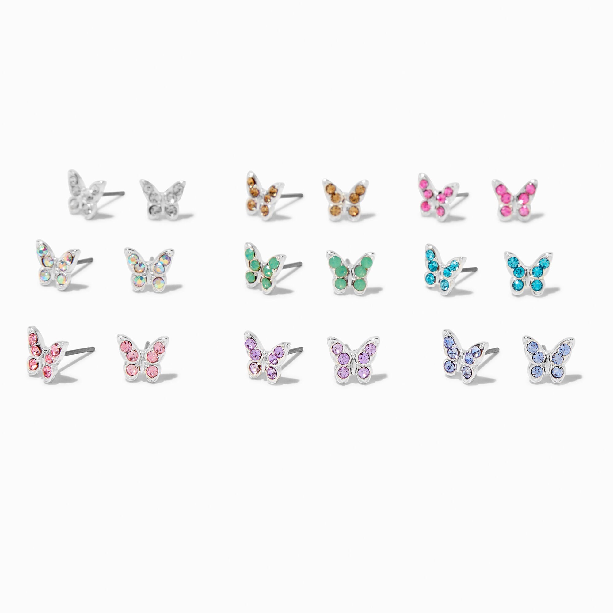 Crystal Coloured Butterfly Stud Earrings - 9 Pack,