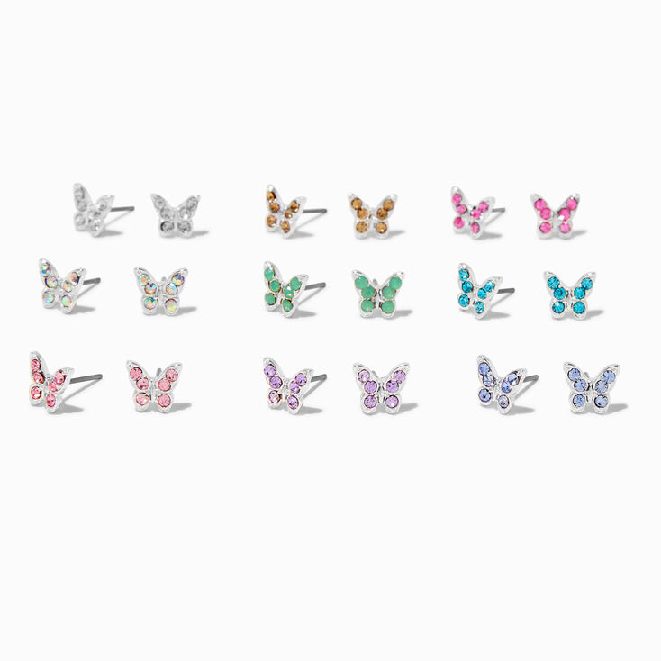 Crystal Coloured Butterfly Stud Earrings - 9 Pack,