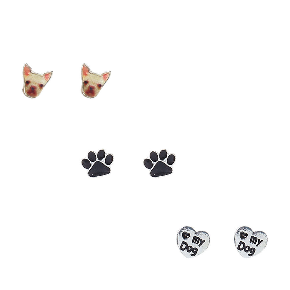 Set of Two Bulldog and Paw Print Dog Lover Hypoallergenic Stud Earrings in Four Colors
