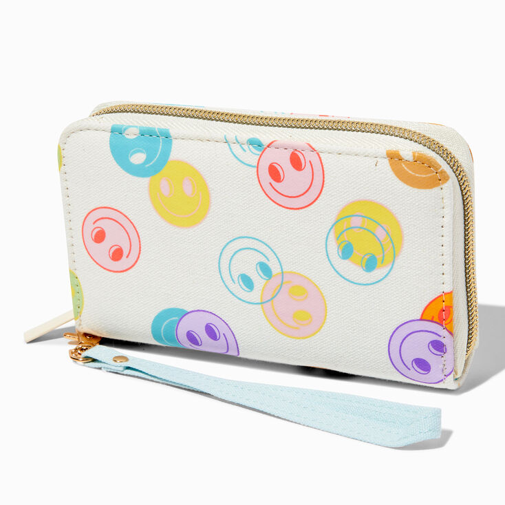 Rainbow Happy Face White Faux Leather Wristlet,