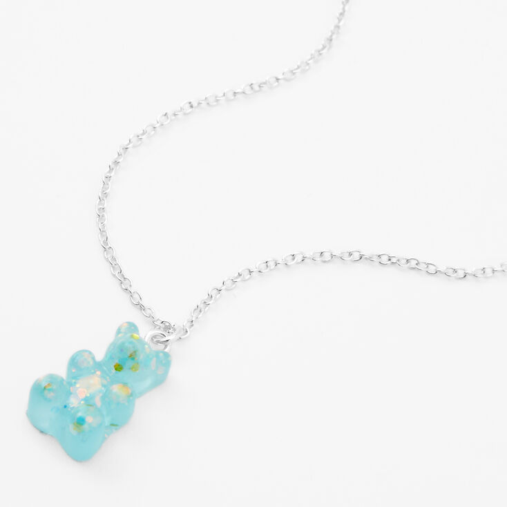 Blue Glitter Glow In The Dark Gummy Bear Pendant Necklace | Claire\'s US
