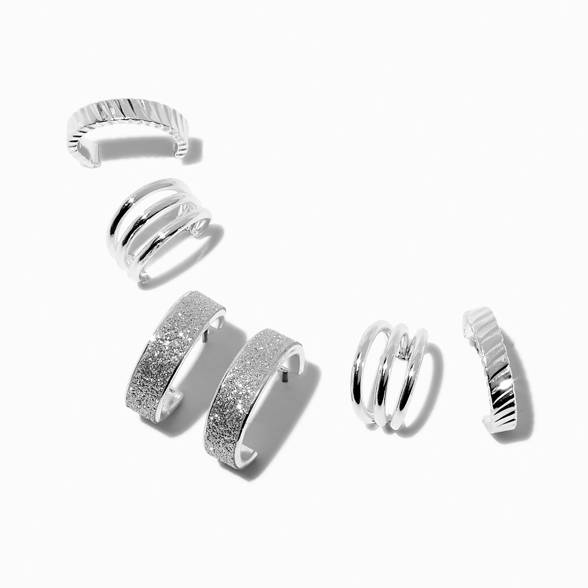 Silver Glitter & Textured Hoop Earring Stackables Set - 3 Pack,
