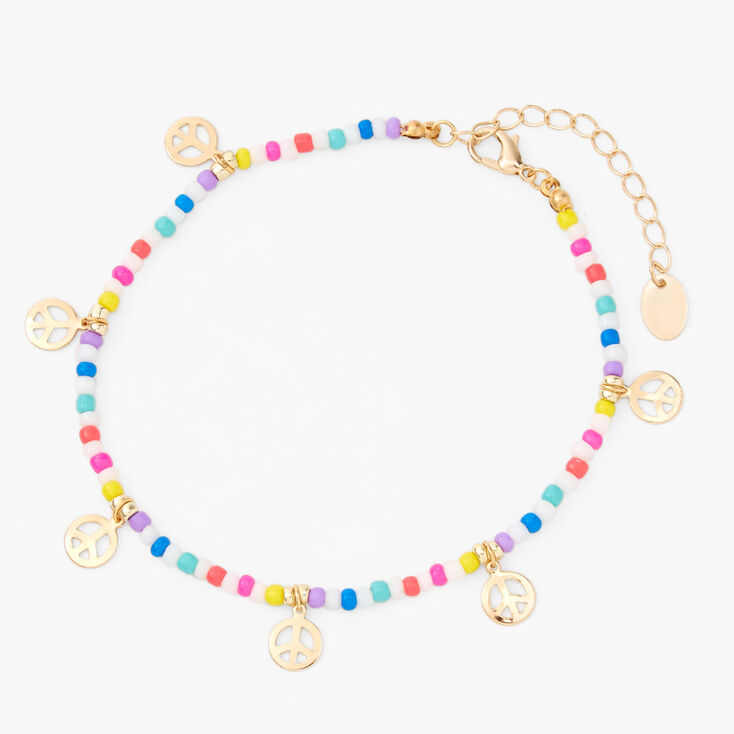 Gold Peace Sign Beaded Anklet,