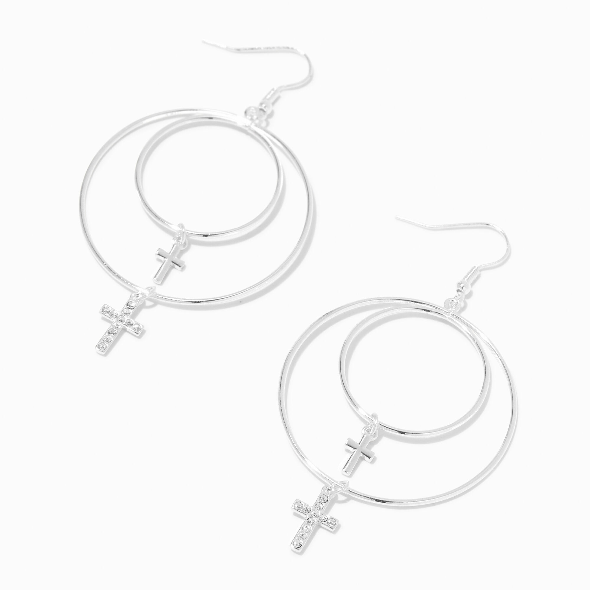 View Claires Tone Crystal Cross Double Ring Hoop 3 Drop Earrings Silver information