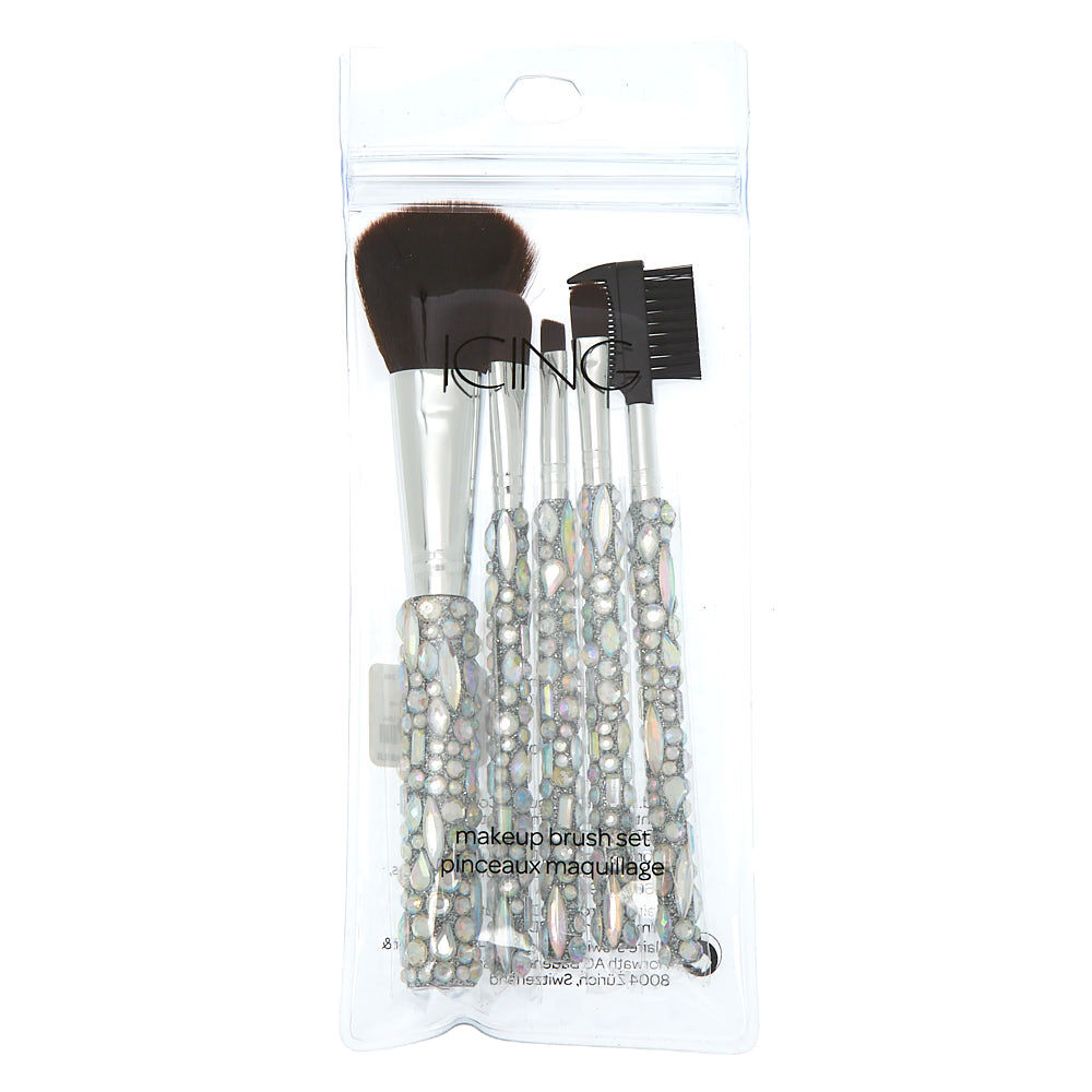 Lot de 5 pinceaux à maquillage argentés avec strass et paillettes,