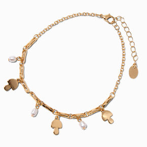 Gold Mushroom White Beaded Charm Chain Anklet,